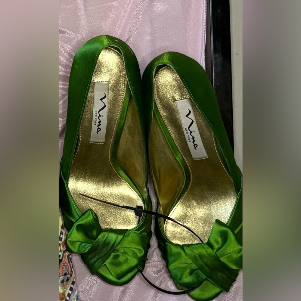 Nina Green Satin Heels with Gold Interior